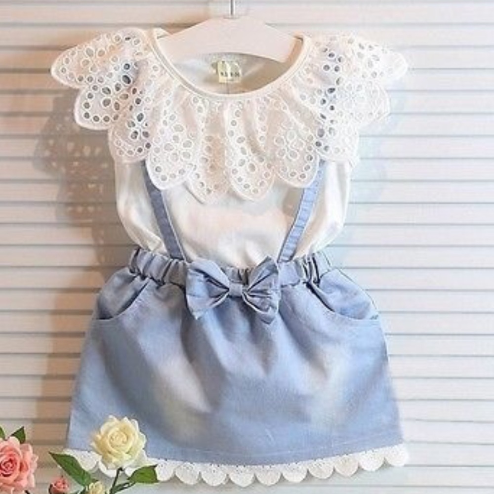 👧🏼🆕Blue🎀front suspenders dress& top eyelet - Picture 2 of 8